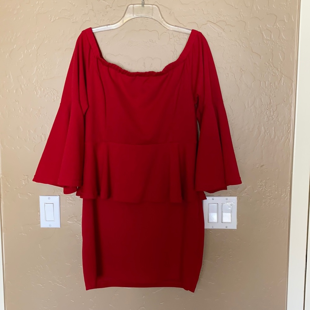 Red peplum dress with flared sleeves